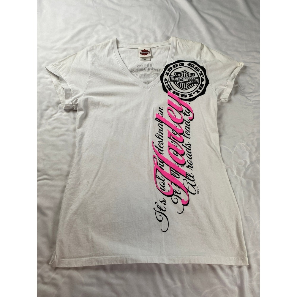 Harley-Davidson Womens XL White V-Neck Graphic T-Shirt Nees Galesburg IL‎ Biker